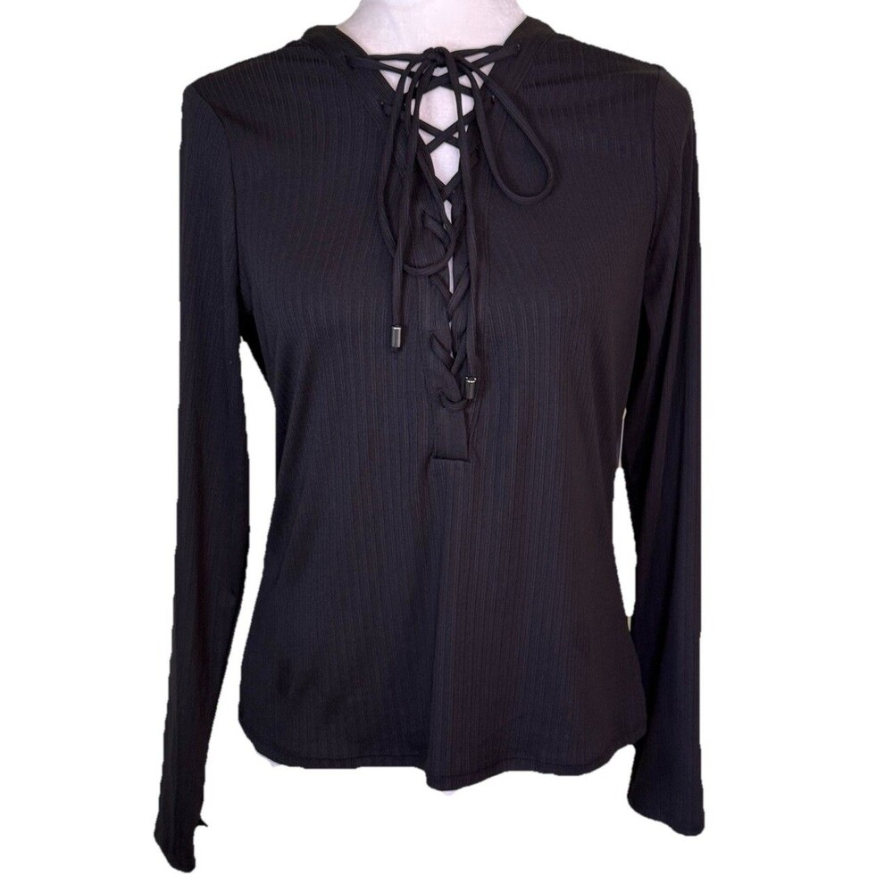 Women’s Black Lace Up V-Neck Long Sleeve Ribbed Knit Top Edgy Clubwear Sz L NEW
